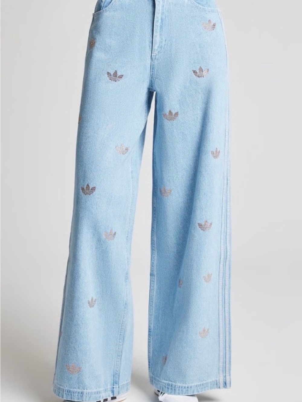 Rare Adidas Light Blue Wide-Leg Embroidered Logo Jeans size XS